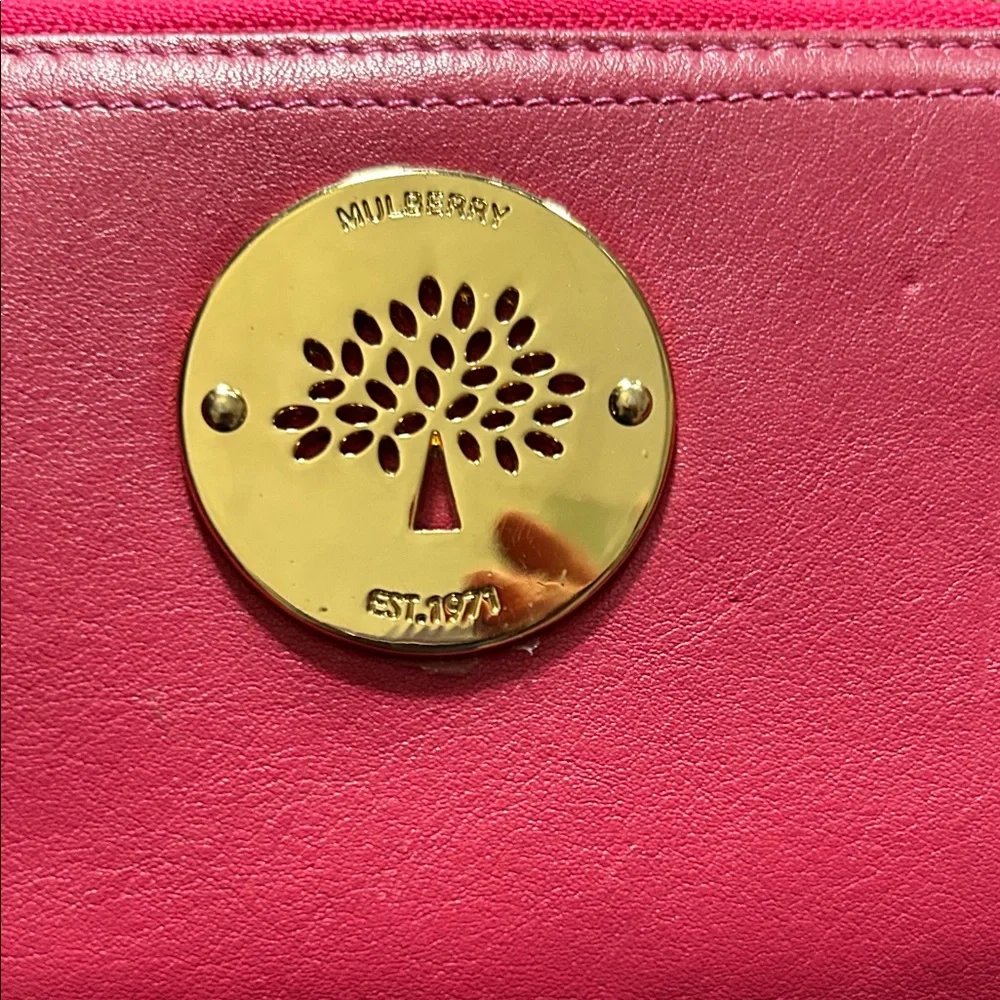 Mulberry Pink Zip-Around Wallet with Gold Tree Emblem